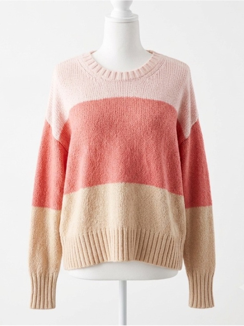 AE Colorblock Crewneck Sweater Soft Cozy Pastel Pink Coral Beige Knit Size S